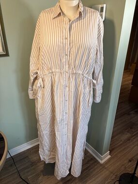 155. Universal Thread Striped Button-Front Maxi Dress in Beige and White